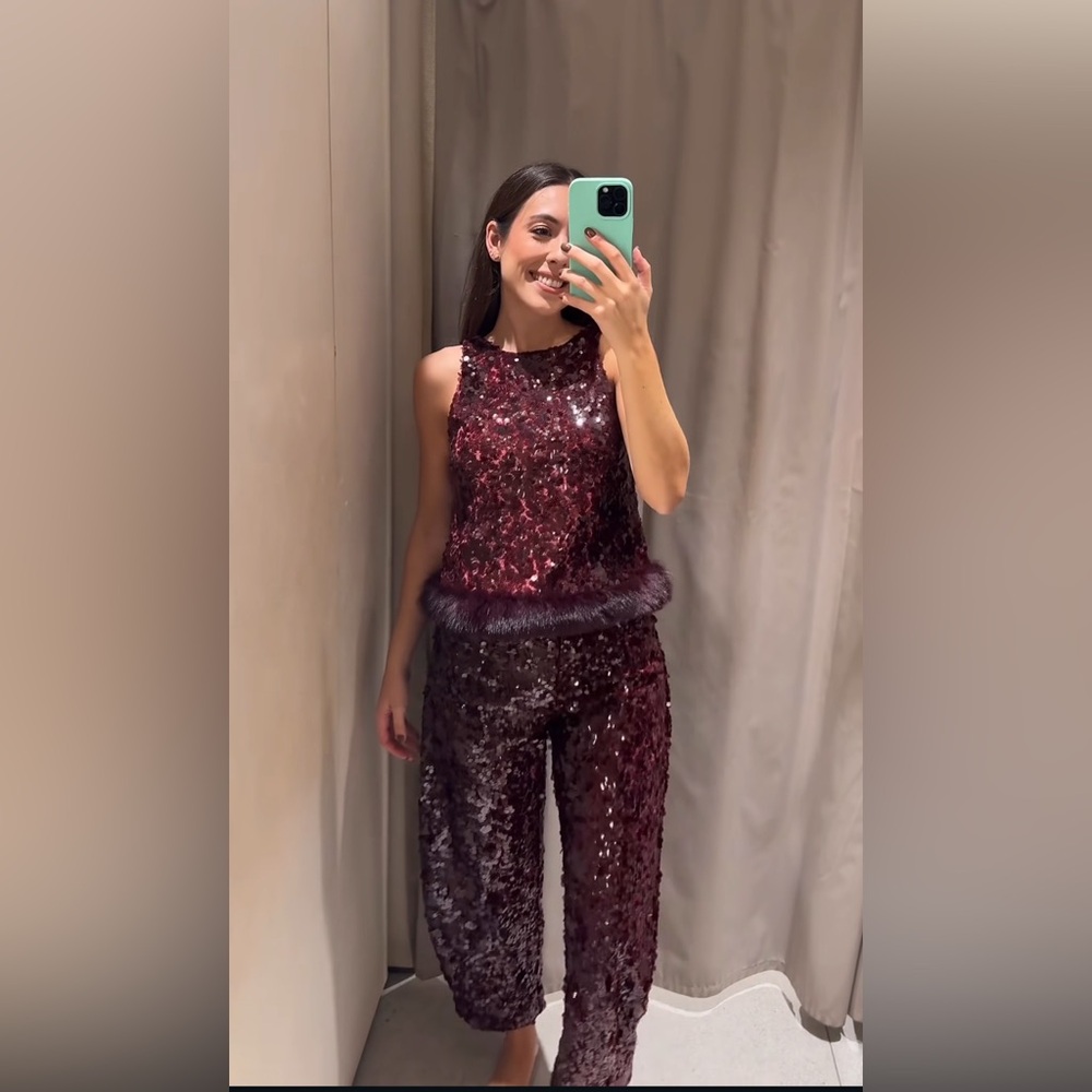 ZARA SEQUIN TOP WITH FAUX FUR HEM - Picture 7 of 13